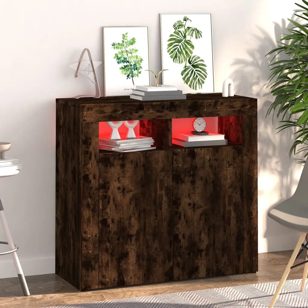 Aparador com luzes LED 80x35x75 cm carvalho fumado