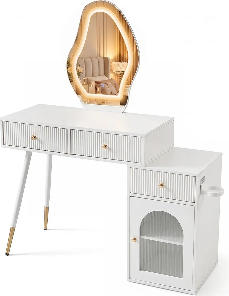 Toucador de Maquilhagem com Espelho, 106 x 40 x 134,5 cm, Iluminação Regulável, Branco