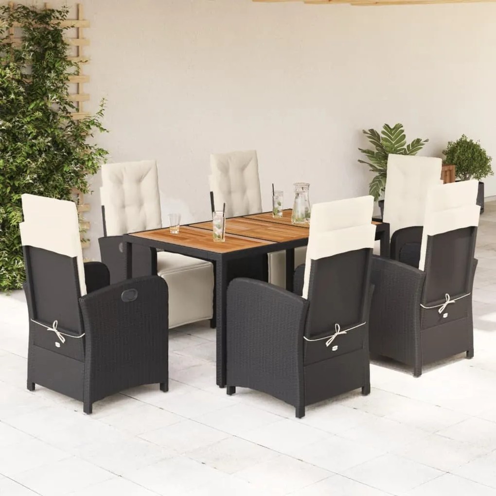 7 pcs conjunto de jantar p/ jardim c/ almofadões vime PE preto