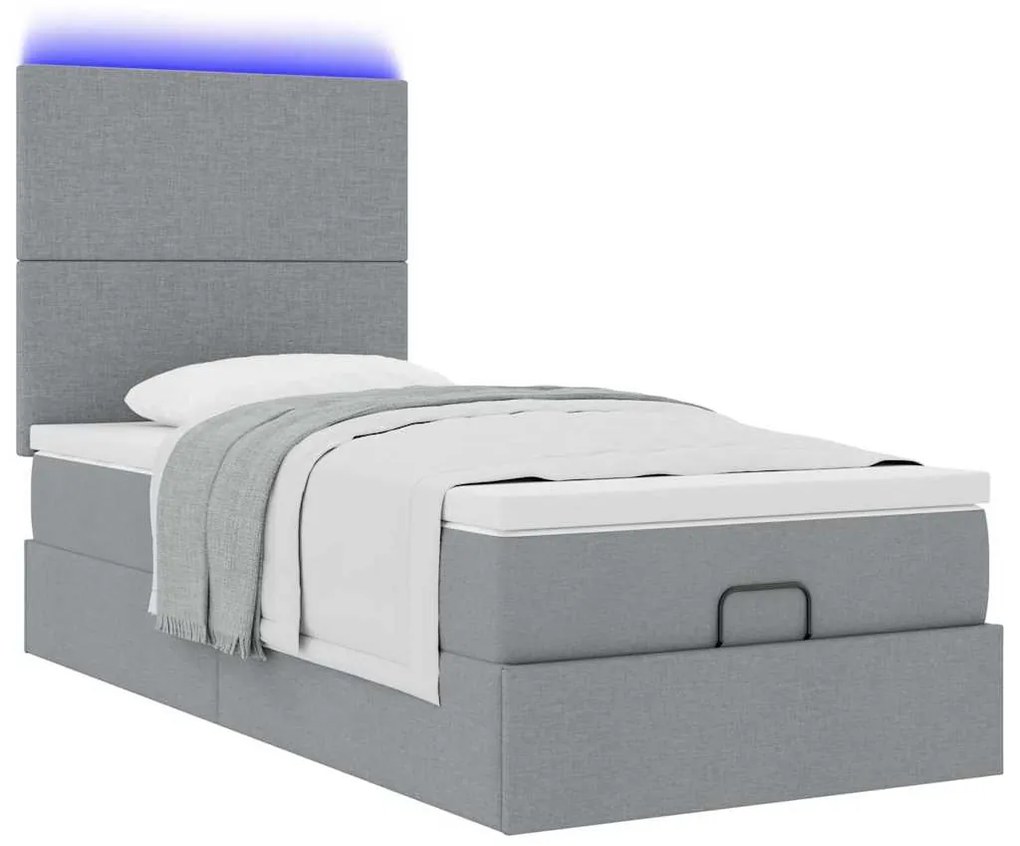 Cama Otomana com colchão & LEDs 90x200 cm tecido cinzento claro