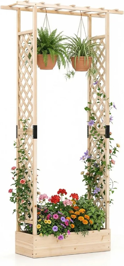 Floreira de jardim 110 x 35 x 227 cm elevada em madeira com treliça, teto suspenso, orifícios de drenagem, abeto, para plantas trepadeiras, natural