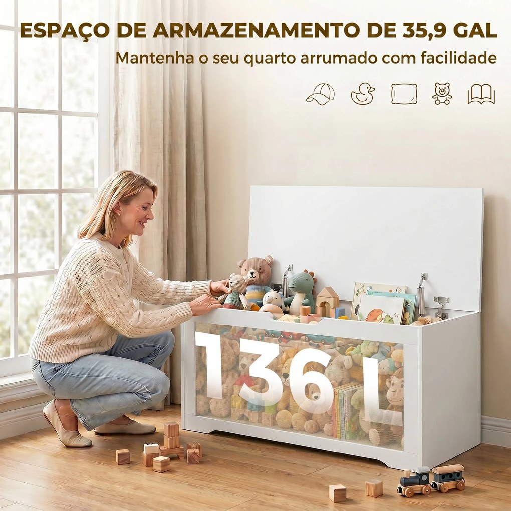 Baú de Arrumação 136L com Painel de Ratã e Tampa com Braços de Apoio, 100x40x45 cm, Branco