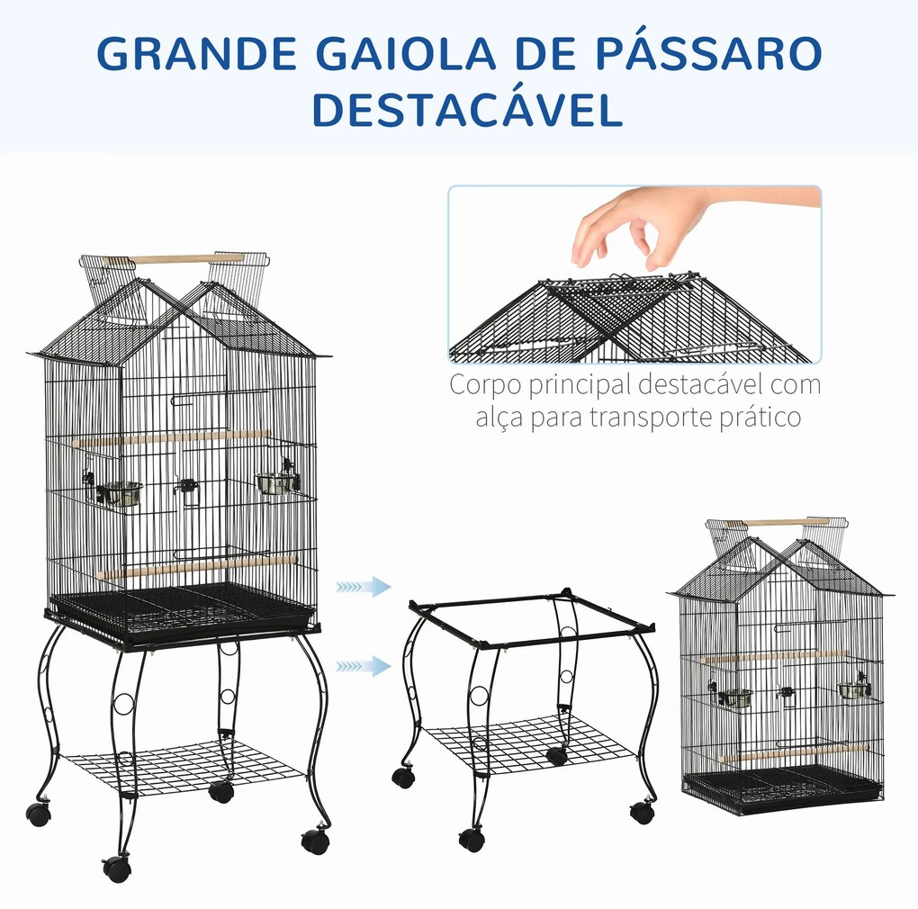 PawHut Gaiola para Pássaros com Suporte Rodas Bandeja Amovível 2 Comed