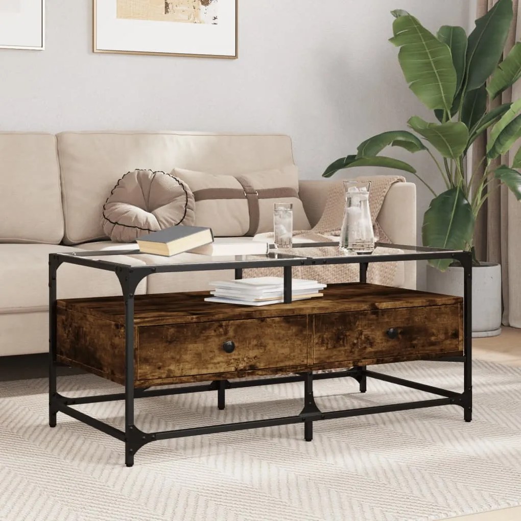 Mesa de centro c/topo de vidro 98,5x50x45cm carvalho fumado aço