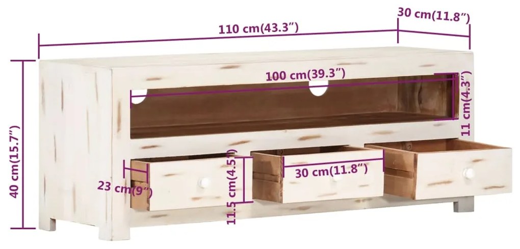 Móvel de TV madeira de acácia maciça 110x30x40 cm branco