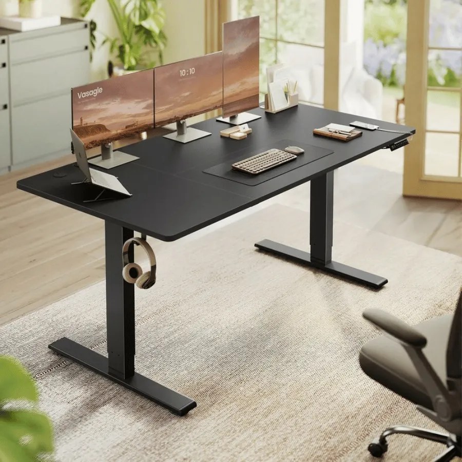 Secretária elétrica com altura ajustável 160 x 80 x (72-120) cm, porta USB e função de memória Preta