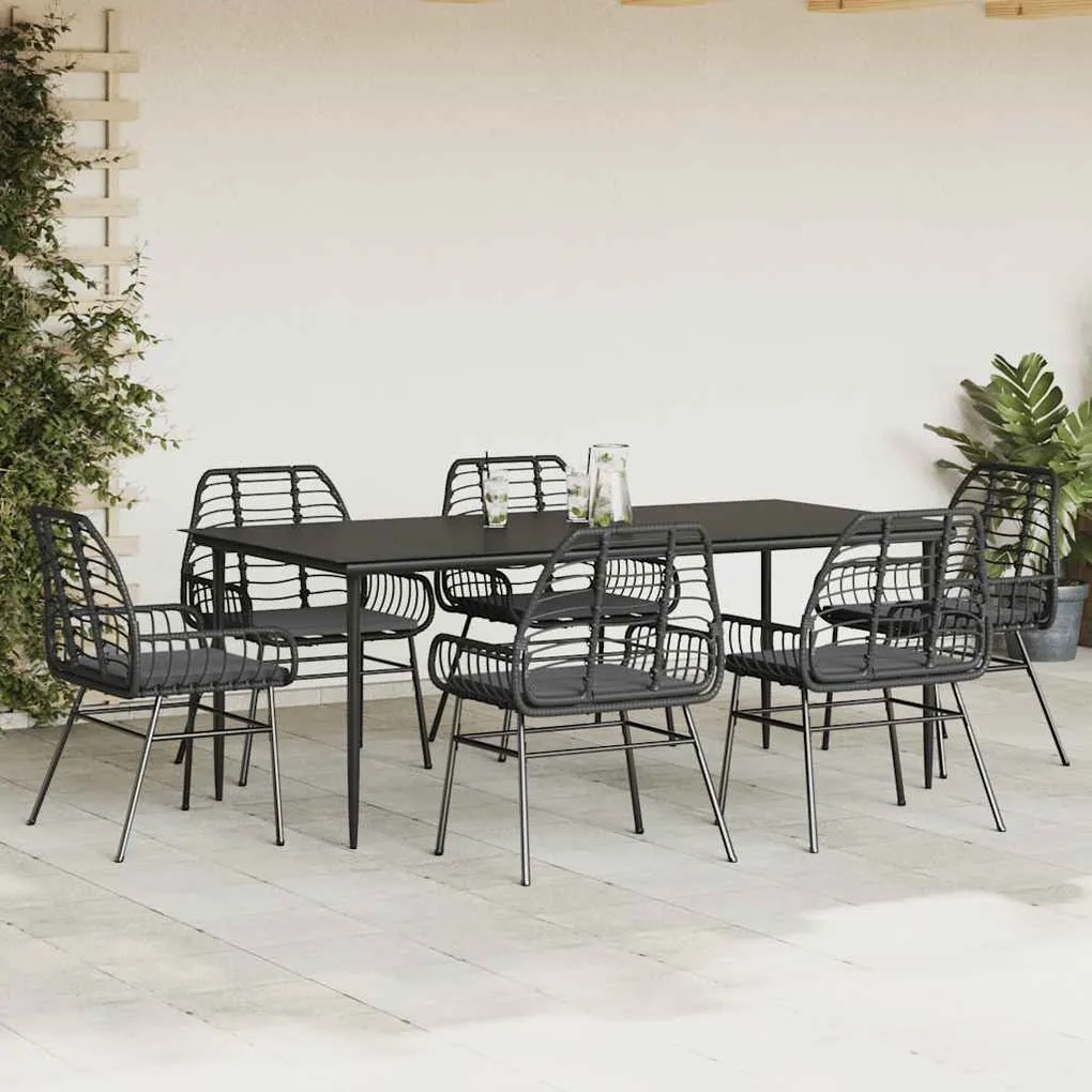 Conjunto de jantar jardim 7 peças almofadas vidro vime PE preto