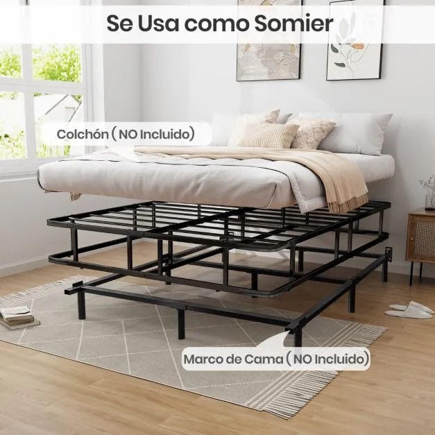 Estrutura metálica para cama de casal 140x200 cm (COLCHÃO NÃO INLUIDO) com 16 barras de suporte, base e pés antiderrapantes em preto
