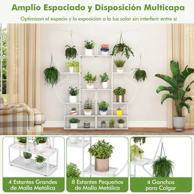 Suporte para plantas de metal com 6 níveis, 12 prateleiras de malha metálica e 4 ganchos branca