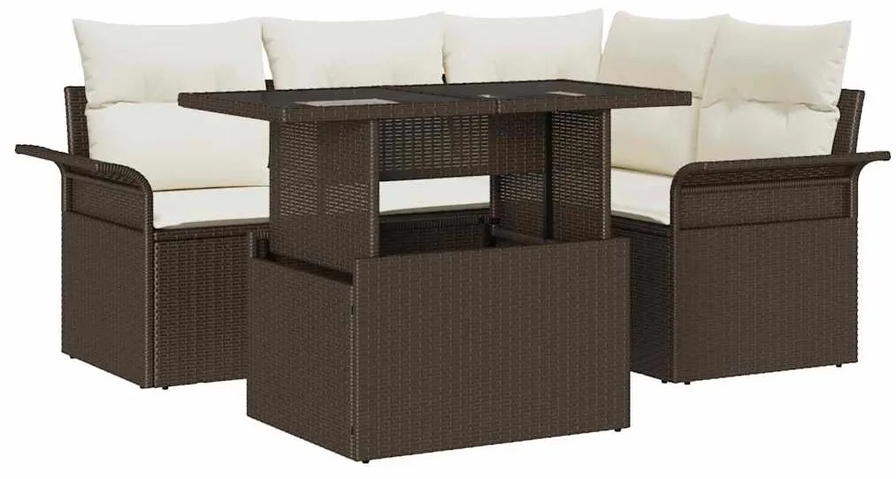 Conjunto de Sofá de Jardim de 5 Peças com Almofadas Castanho Rattan Po