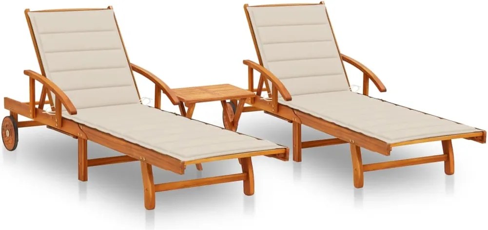 Espreguiçadeiras com mesa e almofadões 2 pcs acácia maciça