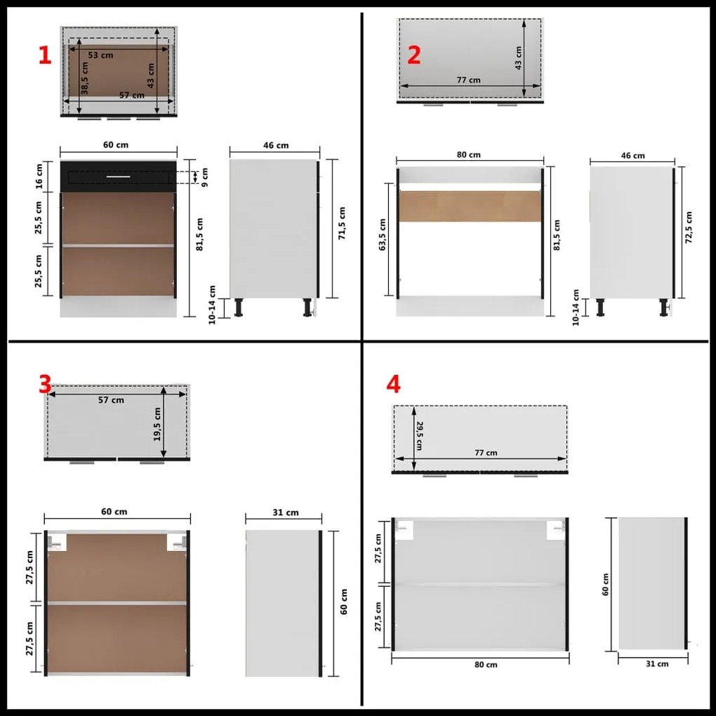 4 pcs conjunto armários de cozinha derivados de madeira preto