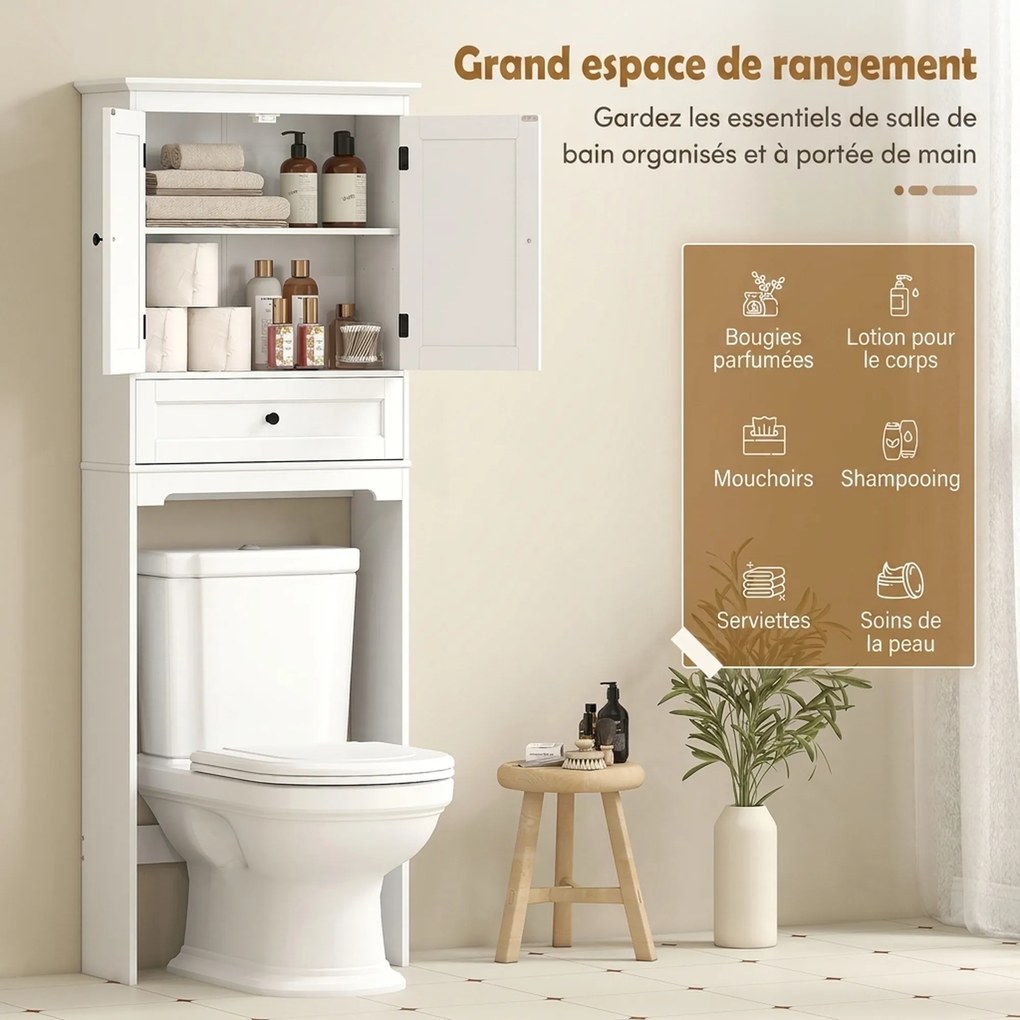 Móvel de casa de banho 62 x 23 x 168 cm com arrumação para cima da sanita, móvel de casa de banho com 2 portas, gaveta e prateleira ajustável, branco