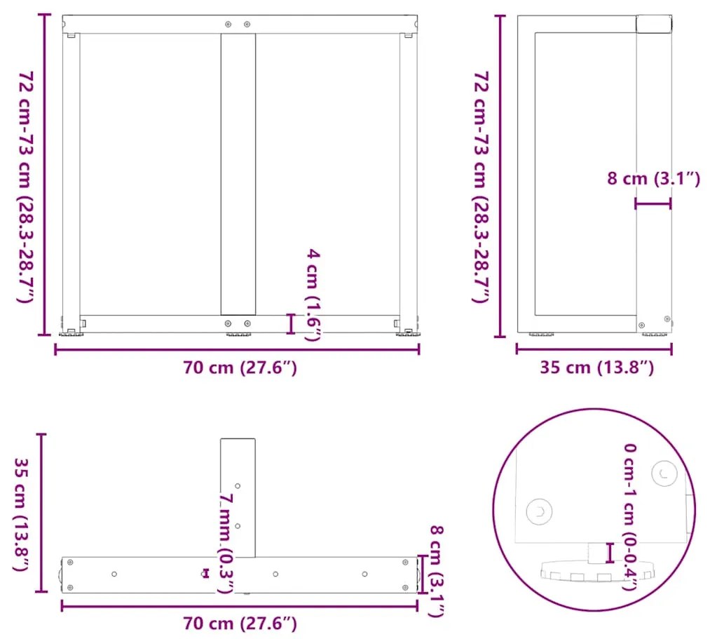 Pernas p/ mesa de jantar 2 pcs forma T 70x35x(72-73)cm aço