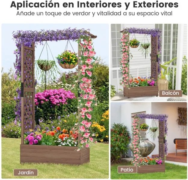 Floreira jardim elevada de madeira com treliça em arco Furo de drenagem 110 x 44 x 182 cm Castanho