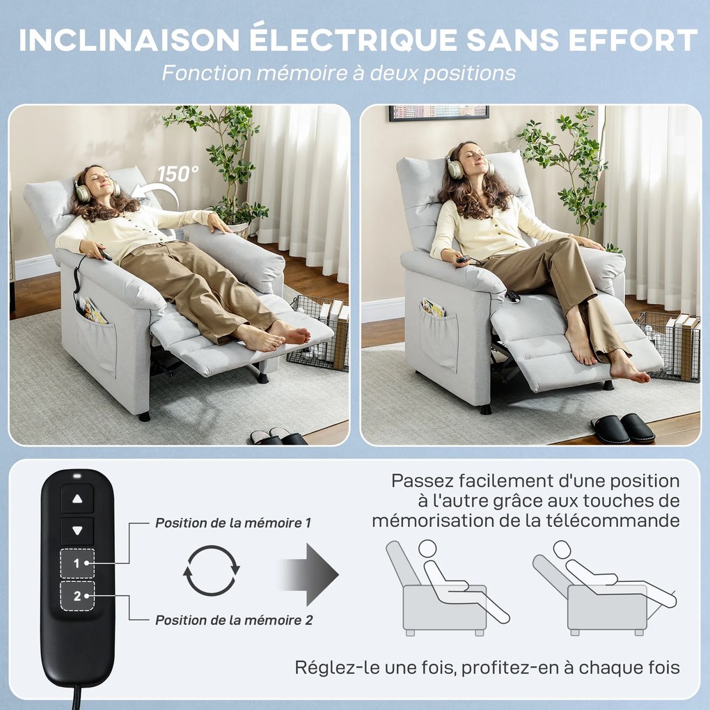 Poltrona relaxante elétrica com massagem e aquecimento, poltrona reclinável, apoio para os pés, motor silencioso, 82 x 99 x 106 cm, cinzento