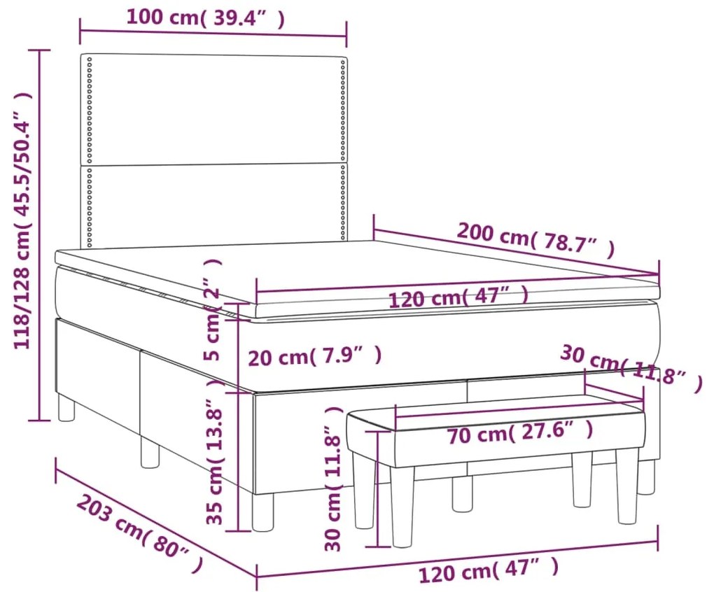 Cama boxspring c/ colchão 120x200 cm veludo cinzento-claro