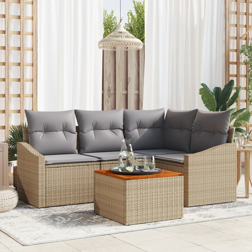 vidaXL Conjunto de Sofá de Jardim com 5 Peças e Almofadas Bege de Rattan Poliéster Acácia