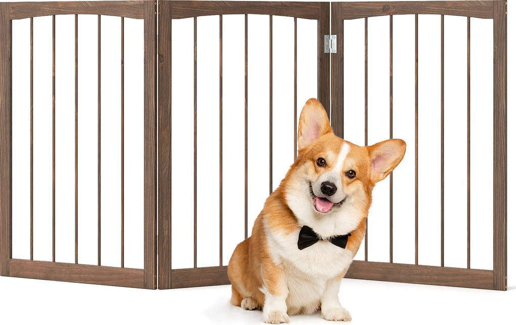 Barreira de segurança para cães em 3 partes, barreira de madeira, barreira para escadas com 76 cm de altura, dobrável, Castanho.