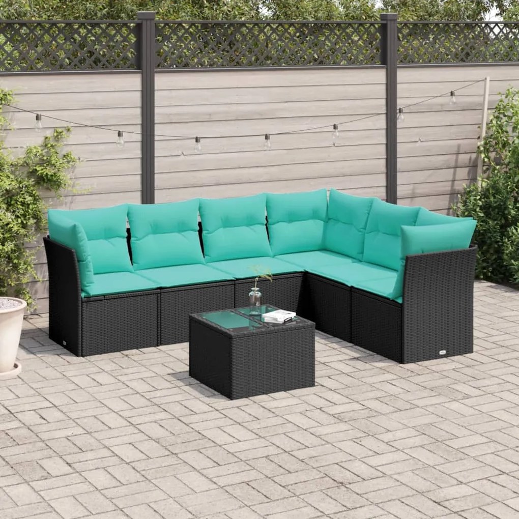 vidaXL 7 pcs conjunto de sofás p/ jardim c/ almofadões vime PE preto