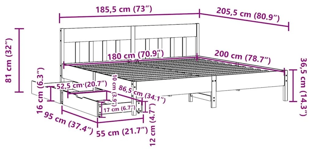 Cama sem colchão 180x200 cm madeira de pinho maciça