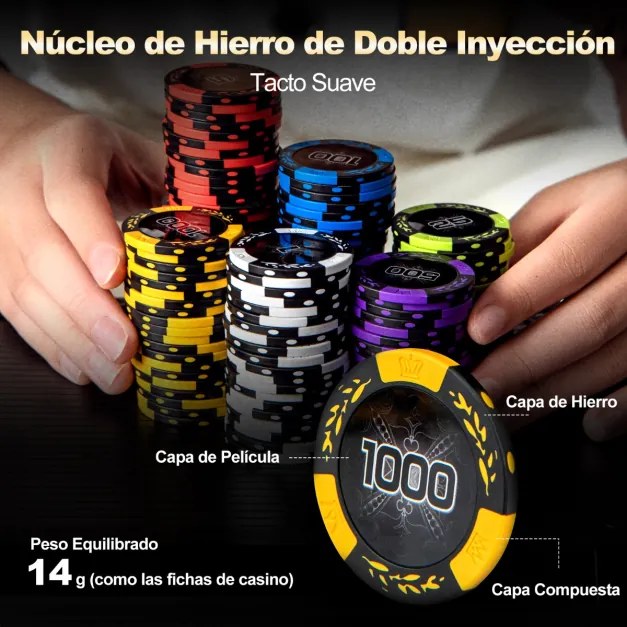 500 fichas de póquer Texas Hold'em com caixa de alumínio, baralhos de cartas, e dados preto