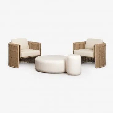 Conjunto De Jardim Com 2 Poltronas Em Aço E Rattan Sintético Lina E 2 Mesas De Centro Em Cimento Fonelas Tecido Gardénia Branco - Sklum