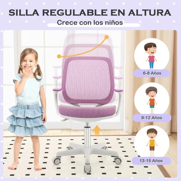 Cadeira giratória para secretária para crianças com altura ajustável, rodas com travões e apoios de braços macios, design ergonómico para 6-14 anos Pú