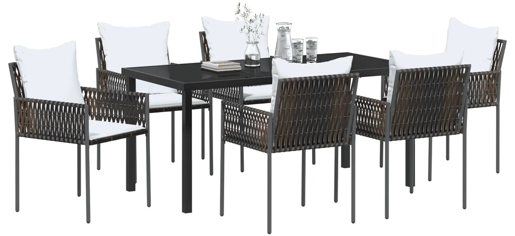 Conjunto de Jantar de Jardim com 7 peças e Almofadas Castanho Poly Rat