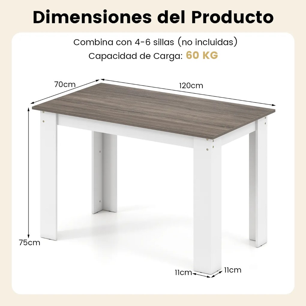 Mesa de jantar em madeira para 4-6 pessoas com pés em L para sala de jantar 120 x 70 x 75 cm Branco/castanho
