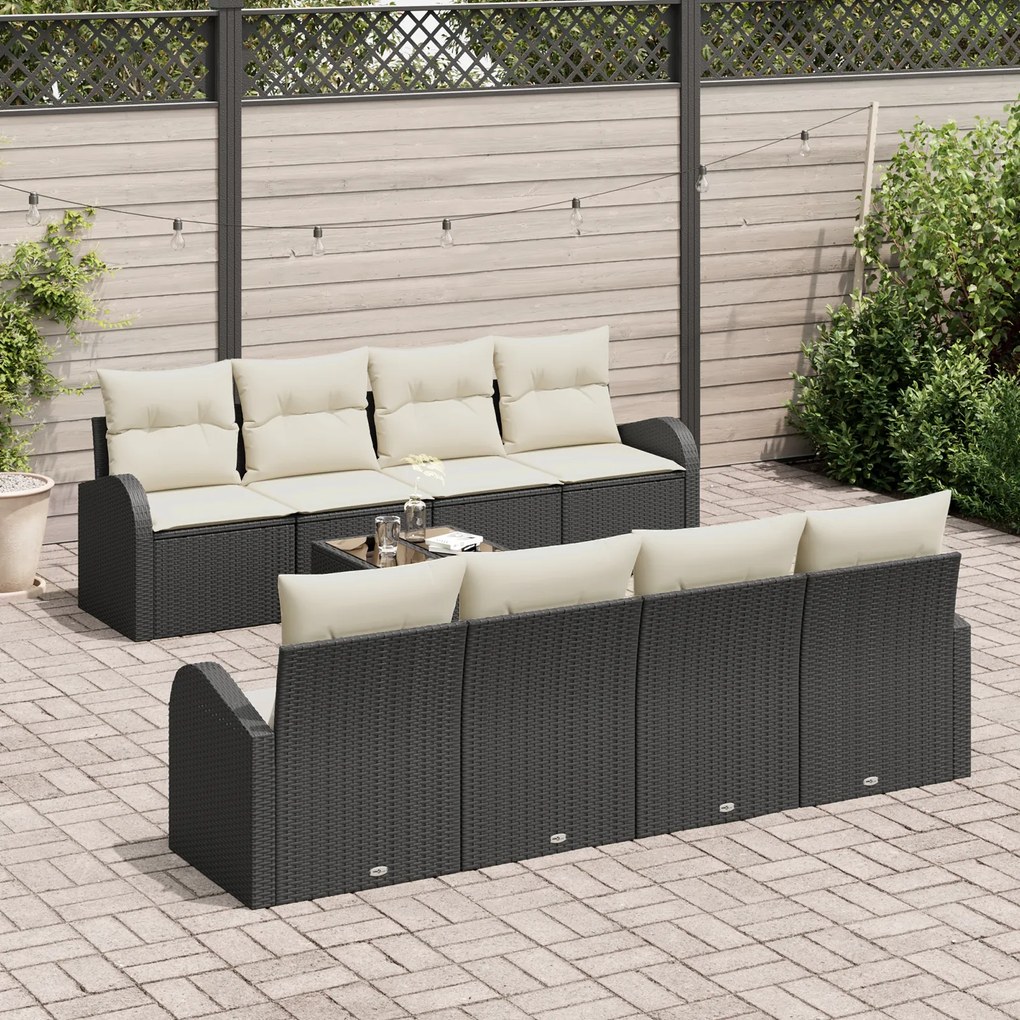 Conjunto de Sofás de Jardim de 9 Peças com Almofadas Preto Rattan Poli