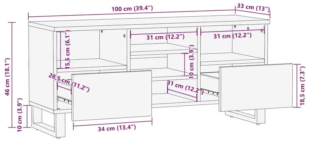 Armário de TV 100x33.5x46 cm em madeira sólida e engenheirada