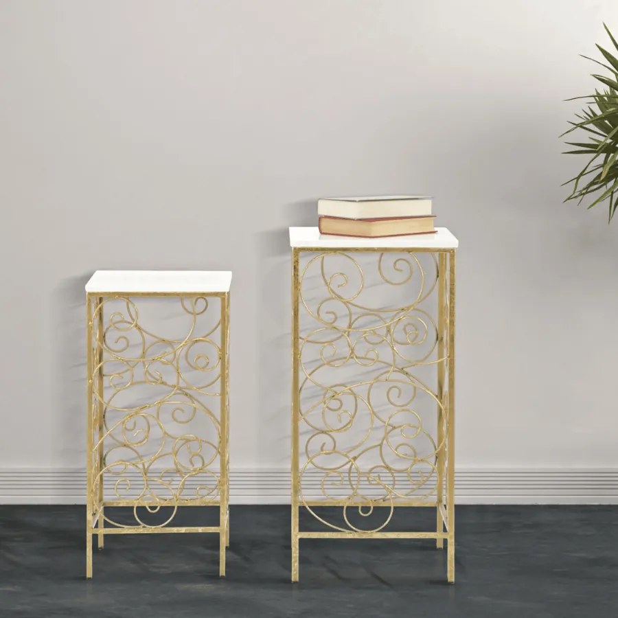 CONJUNTO DE 2 MESAS DE APOIO ESPIRAL 34X34X70-29X29X60 CM DOURADO E BRANCO