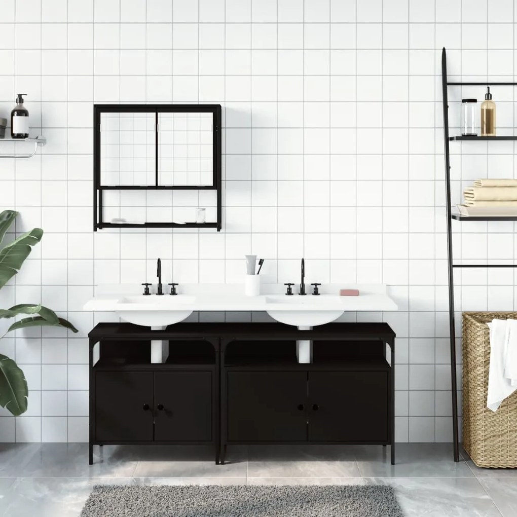 3 pcs conjunto móveis casa de banho derivados de madeira preto