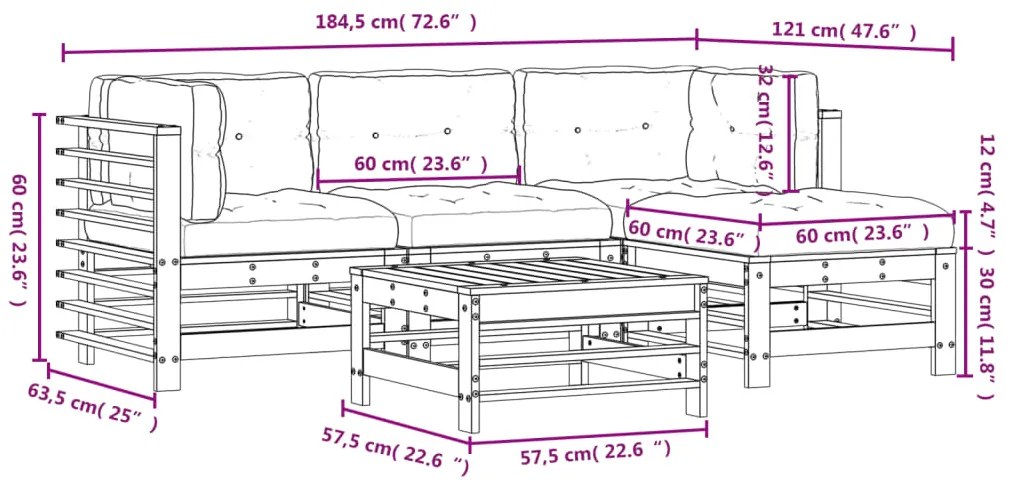 5 pcs conjunto lounge de jardim c/ almofadões pinho impregnado