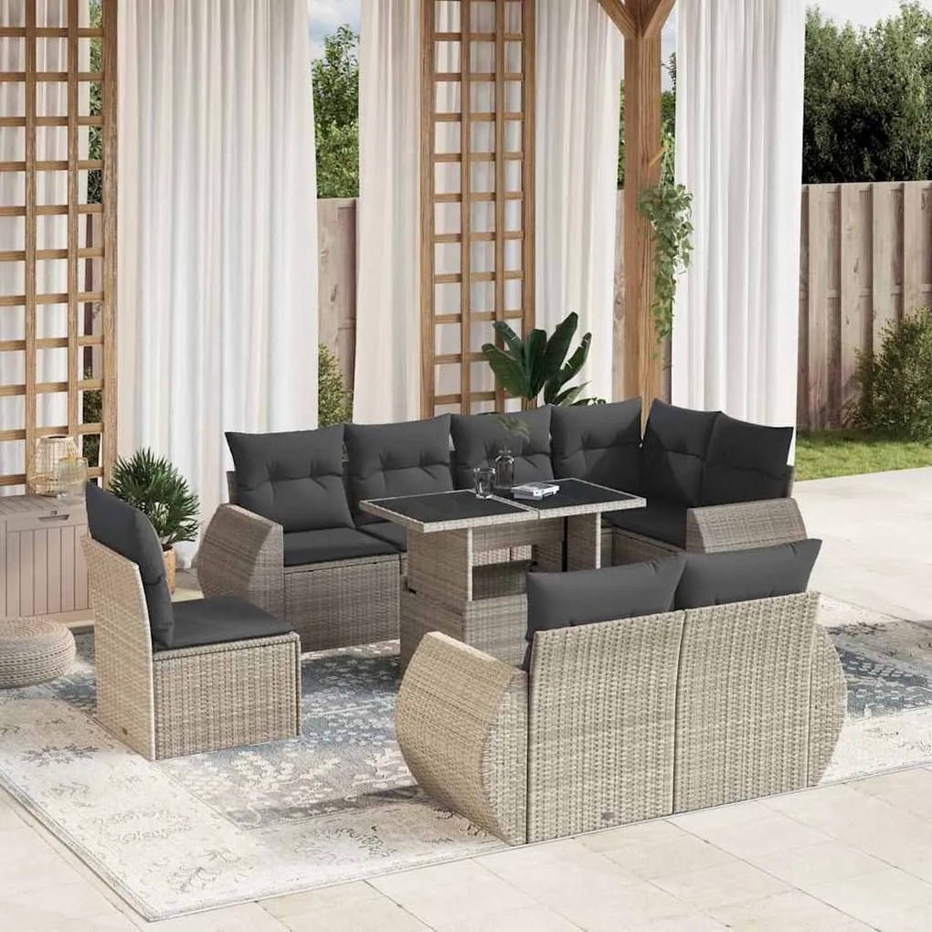 9 pcs conj. sofás jardim com almofadões vime PE cinzento-claro