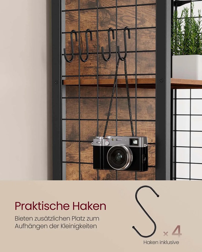 Estante com 5 prateleiras e ganchos em S 30 x 60 x 175,6 cm Castanho vintage + Preto