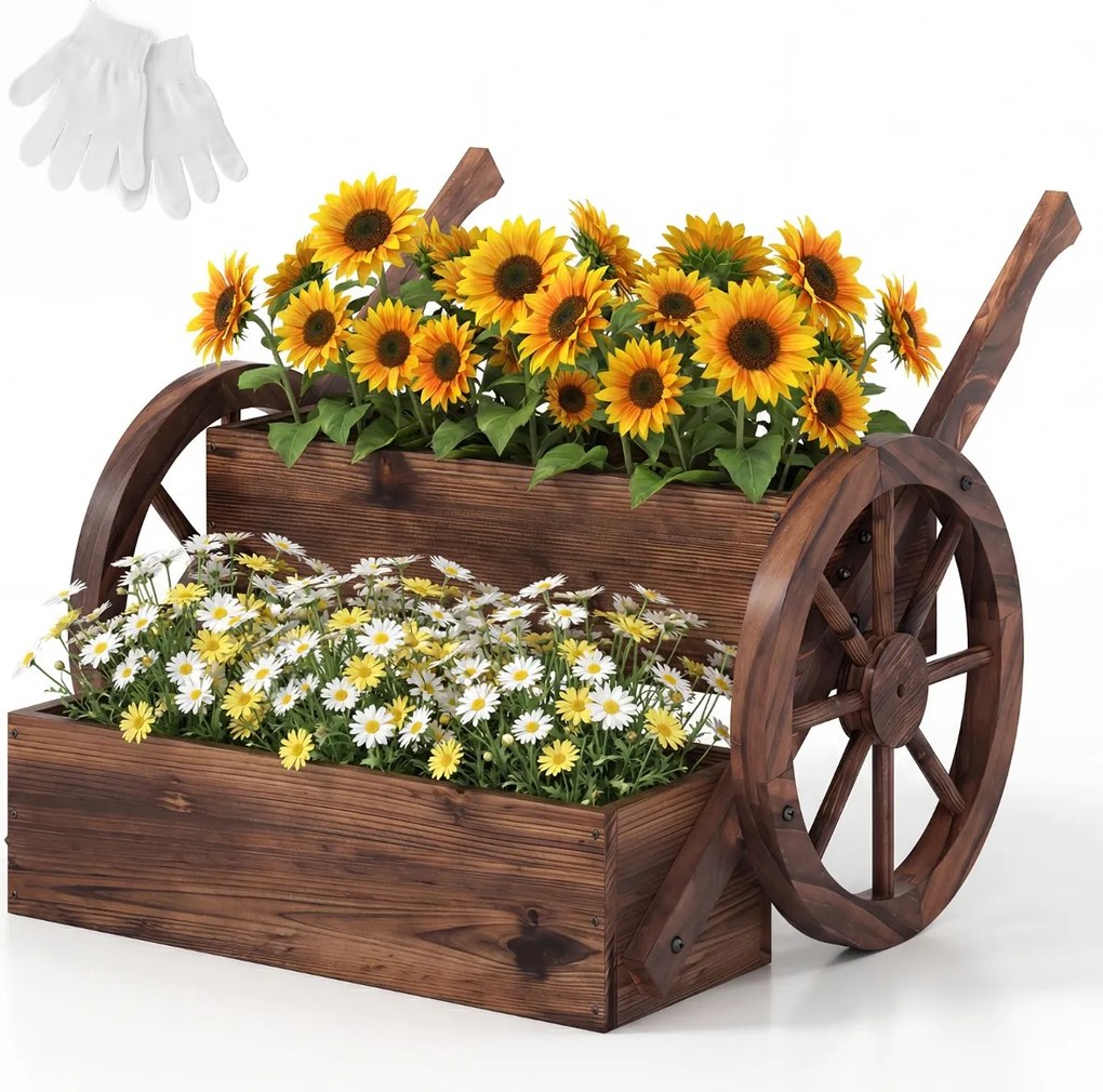 Floreira de Jardim em Forma de Carrinho, 64 x 54 x 50 cm, Dois Níveis, Castanho