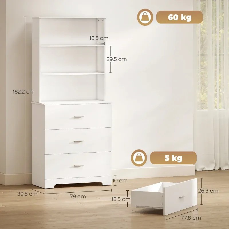 Estante para Livros 79x39,5x182,2 cm de 6 Níveis Estante com 3 Gavetas 3 Prateleiras Abertas  Branco