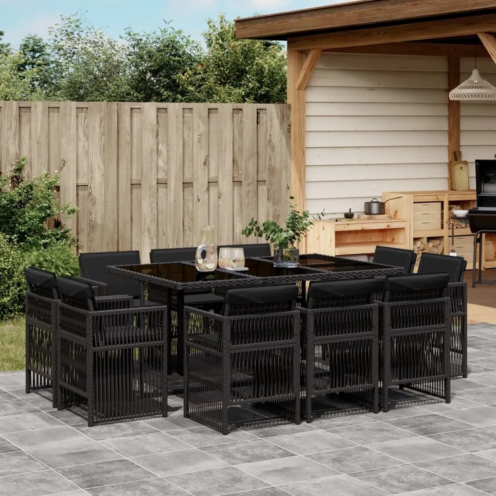 11 pcs conjunto de jantar p/ jardim c/ almofadões vime PE preto