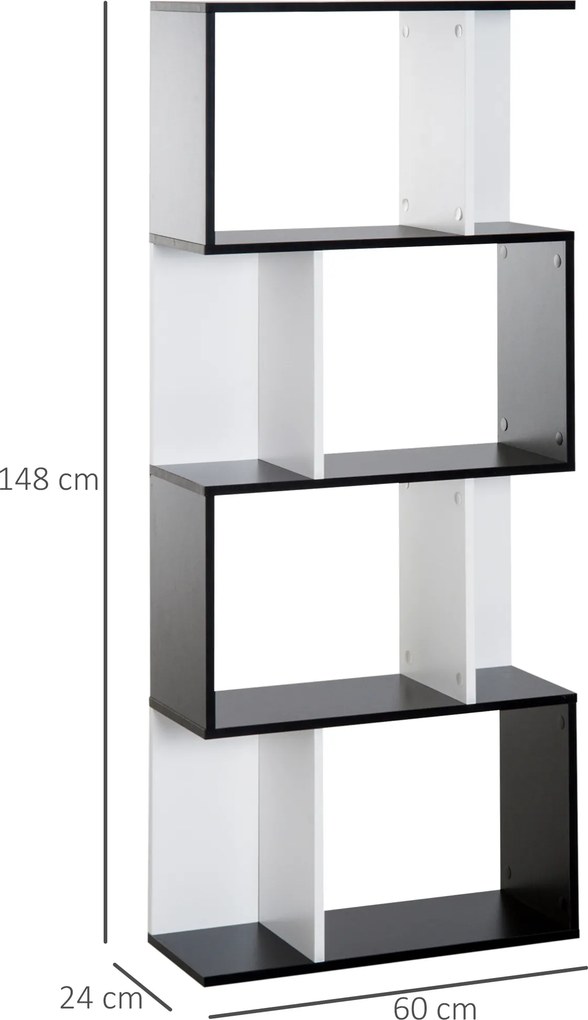Estante de 5 níveis 60 x 24 x 148 cm, móvel de arrumação em forma de S com prateleiras, estante para sala de estar, quarto e escritório, preto, branco