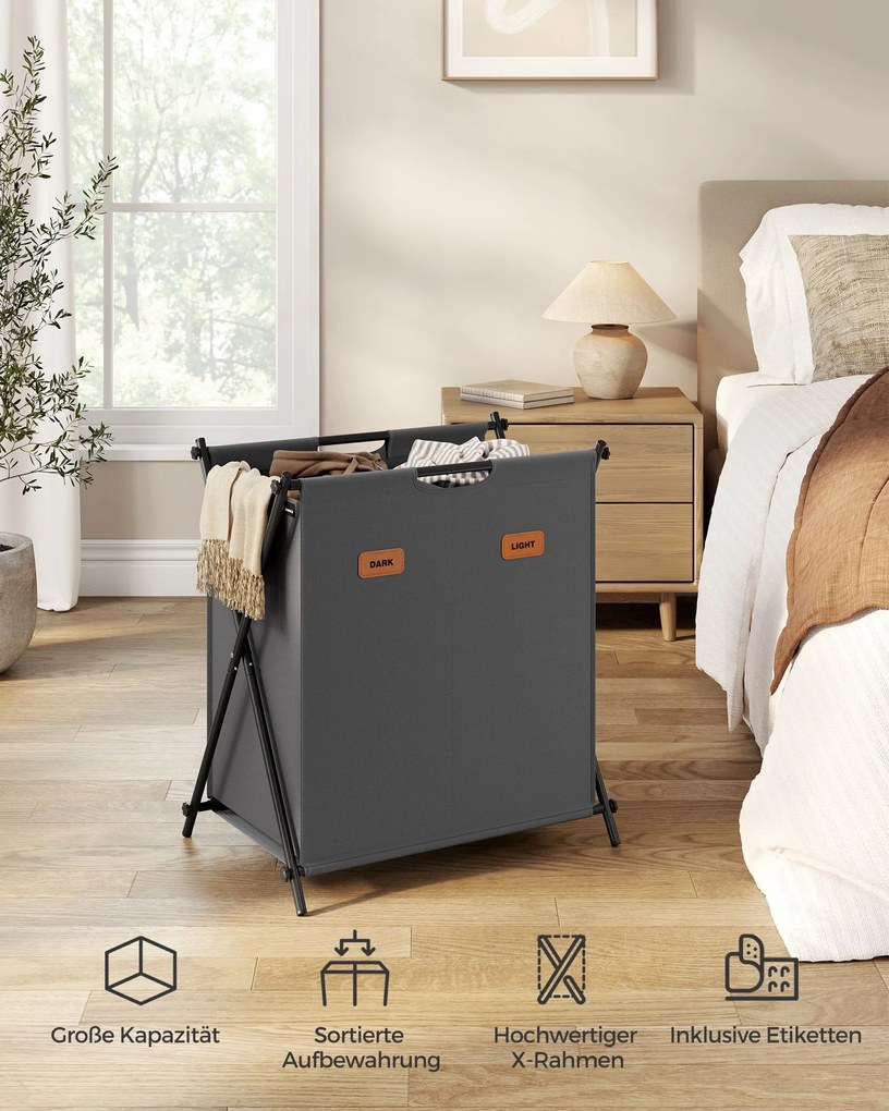 Cesto para roupa suja 115 litros com 2 compartimentos cinza ardósia