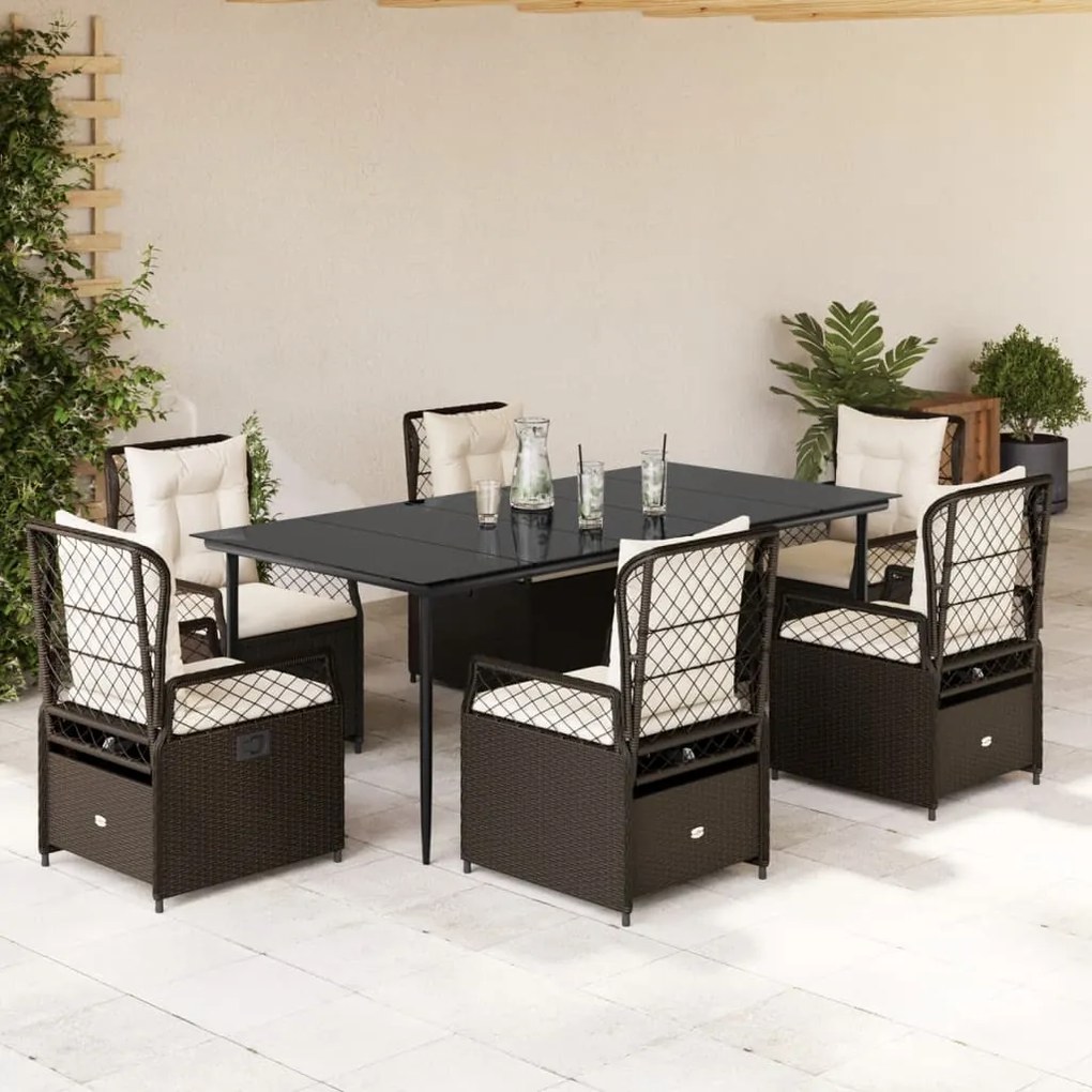 7 pcs conjunto jantar p/ jardim c/ almofadões vime PE castanho