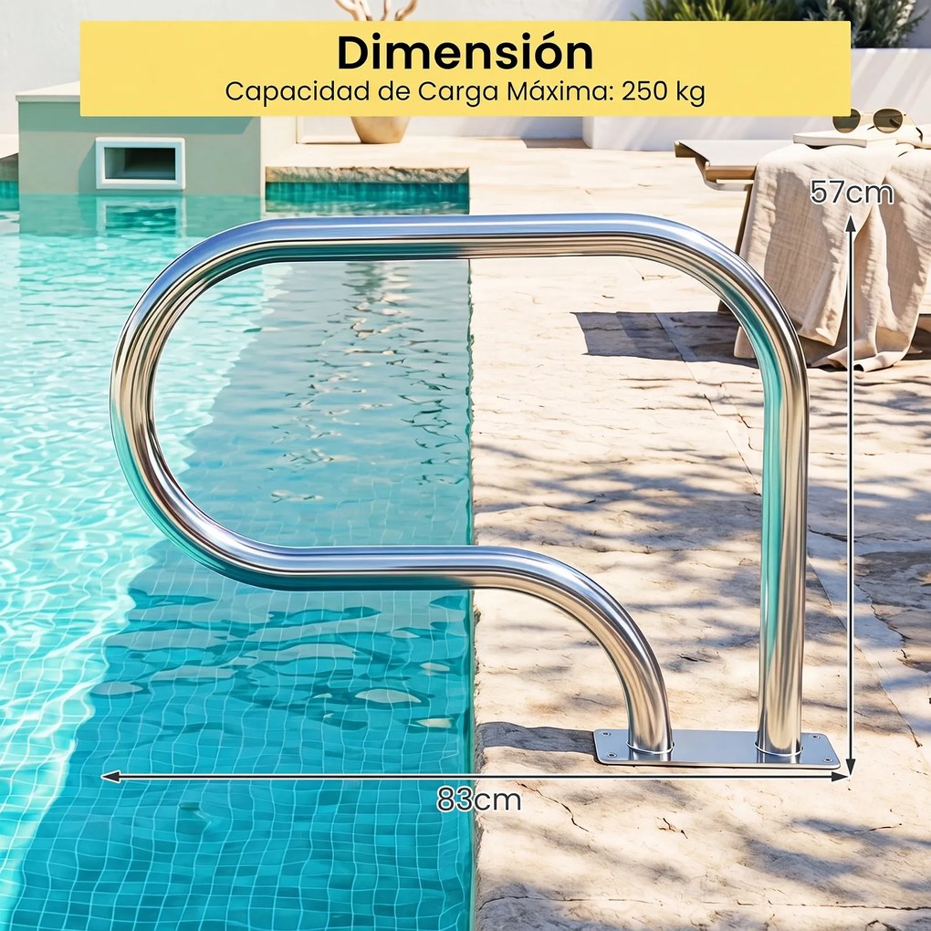 Conjunto de 2 Corrimãos para Piscina, 82,5 x 57 cm, Pega Ergonómica, Prateado