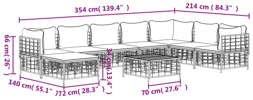 9 pcs conjunto lounge de jardim c/ almofadões vime PE antracite