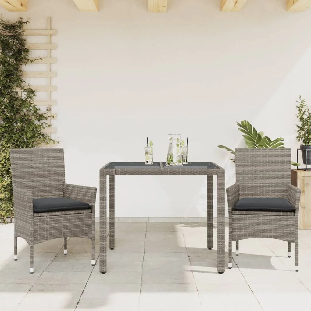 3 pcs conjunto jantar jardim c/ almofadões vime PE/vidro cinza