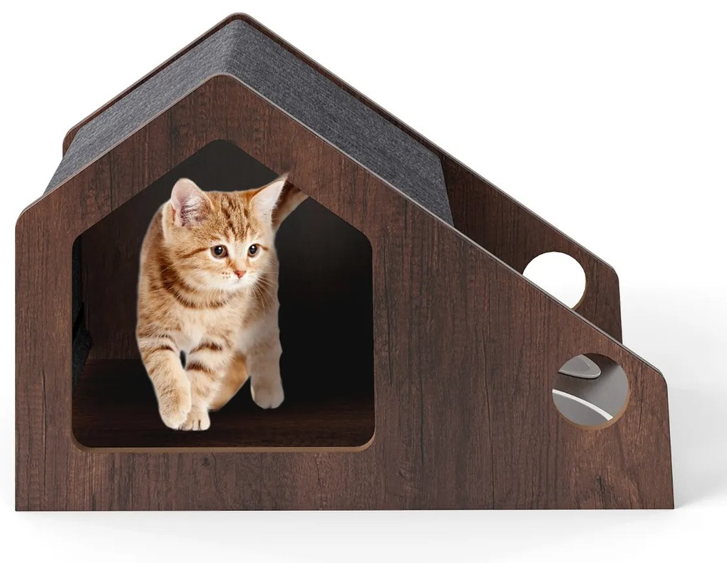 Casa de madeira para gatos 60 x 40 x 40 cm de interior com comedouro Teto removível e estrutura metálica  Castanho
