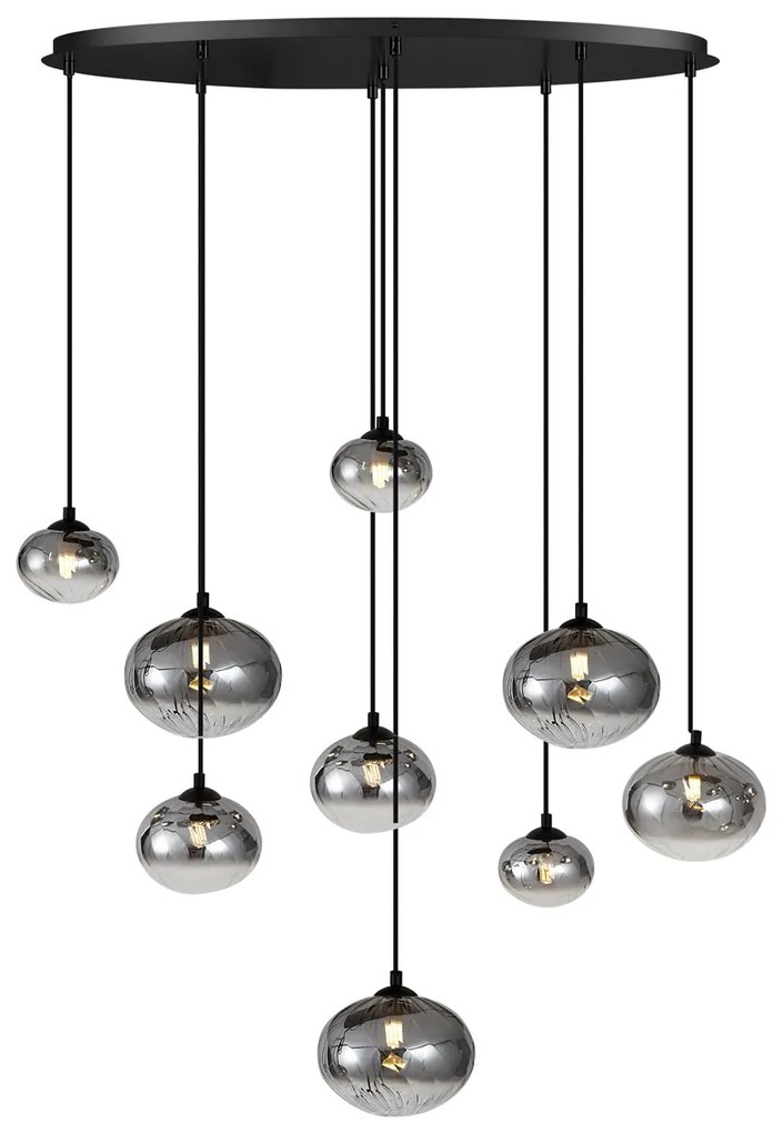 Candeeiro suspenso moderno preto com vidro fumado 9 luzes - Jia Moderno