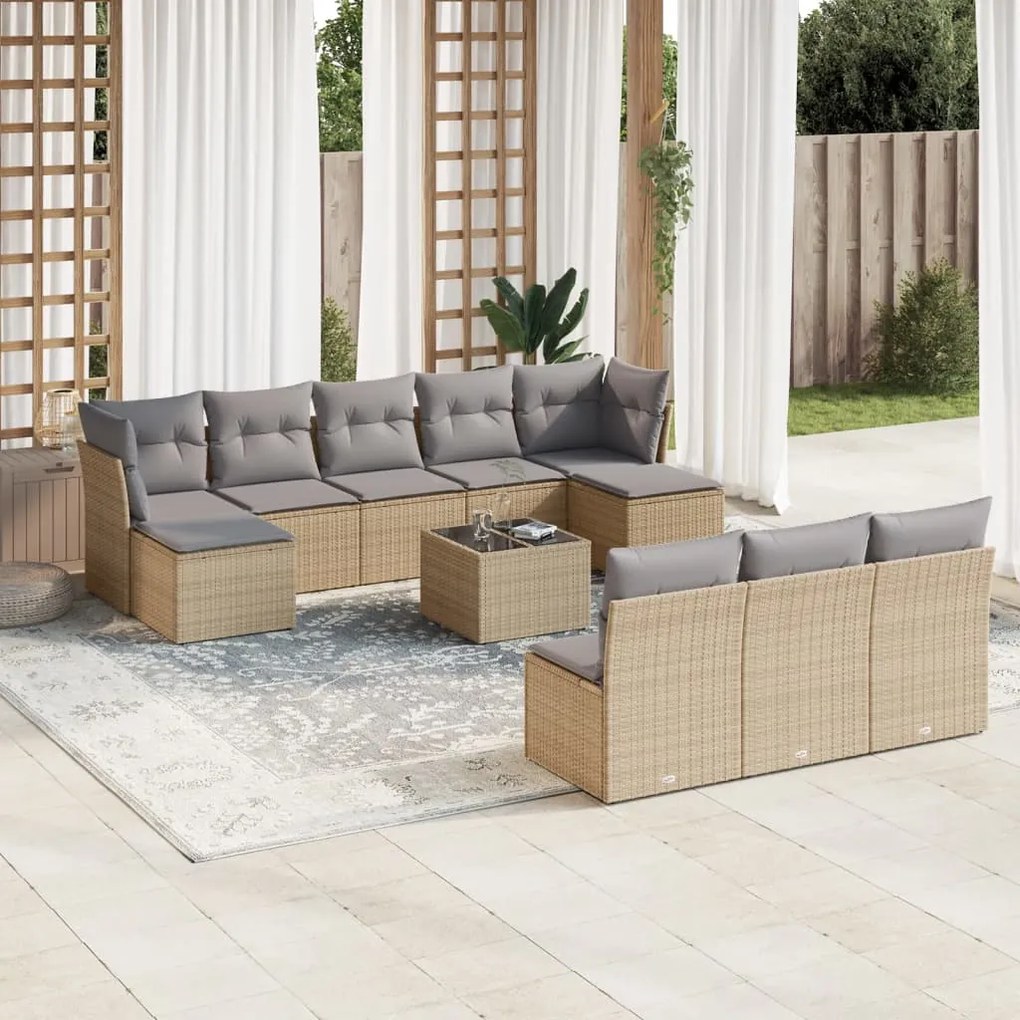 11 pcs conjunto sofás de jardim c/ almofadões vime PE bege