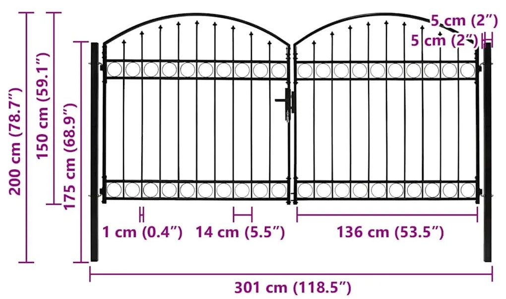 Portão p/ cerca porta dupla e topo arqueado 300x150cm aço preto